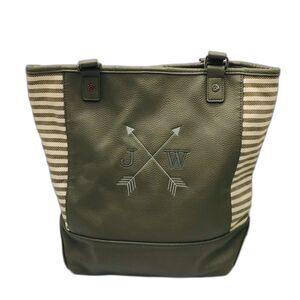 JEWELL by Thirty-One Striped Block Tote Bag Olive Green & Cream With JW Monogram